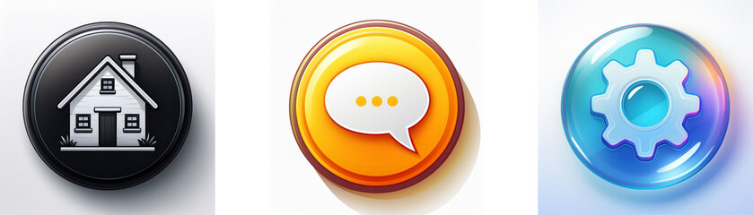 Poster - Three glossy circular icons depict a house, a speech bubble, and a gear.  They represent home, communication, and settings.