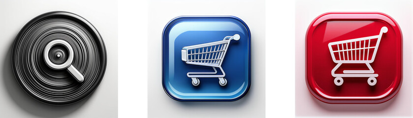 Poster - Three glossy buttons: a black circle with a magnifying glass, a blue square with a shopping cart, and a red square with a shopping cart.  Search and online shopping concepts.