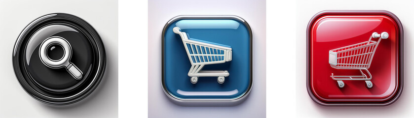 Aufkleber - Three glossy buttons: a black magnifying glass, a blue shopping cart, and a red shopping cart.  Online shopping and search icons.
