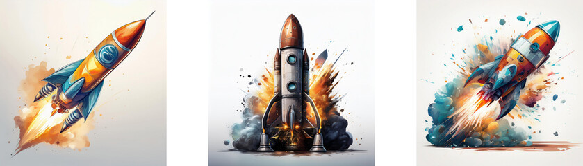 Poster - Three rockets launch, showcasing vibrant colors and dynamic watercolor-style explosions.  One ascends smoothly, while two others burst forth with fiery trails.