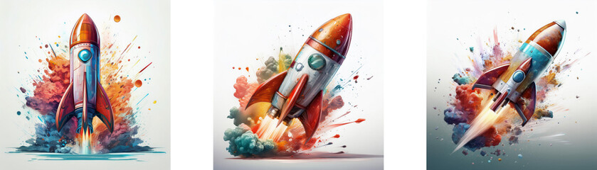 Poster - Three rockets launch amidst vibrant, colorful explosions.  A dynamic representation of innovation and speed.