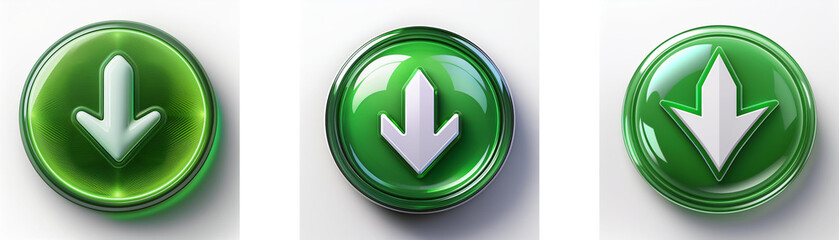 Aufkleber - Three glossy green circular buttons feature a white downward arrow.  Variations in arrow design and button shine are shown.