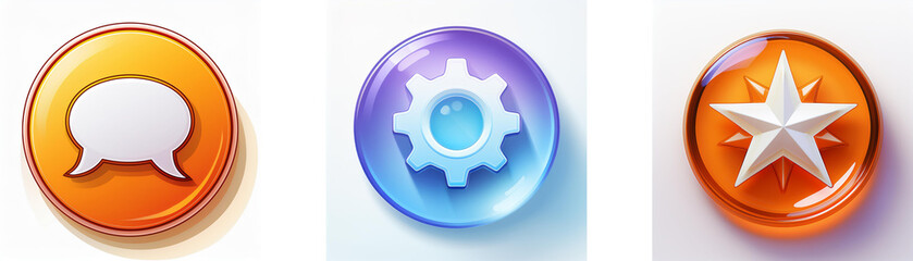 Aufkleber - Three glossy circular icons: a speech bubble, gear, and star.  Simple, vibrant designs ideal for app interfaces.