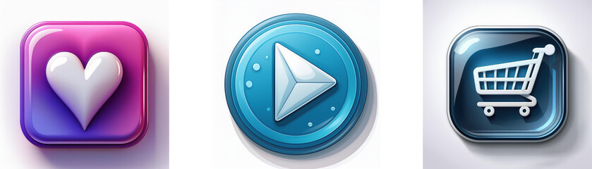 Leinwandbilder - Three glossy buttons: heart, play, shopping cart.  Simple, colorful icons for app design.