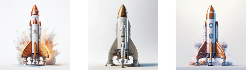 Poster - Three rockets, in various stages of launch, against a white backdrop.  One is mid-flight, another poised for liftoff, and the third at rest.  Illustrating the journey of a new beginning.