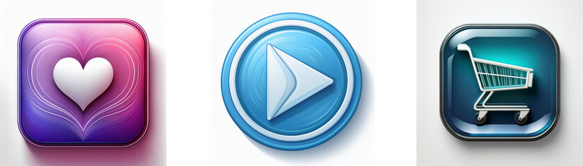 Leinwandbilder - Three glossy app icons: a heart, a play button, and a shopping cart.  Each button is vibrant and digitally rendered.
