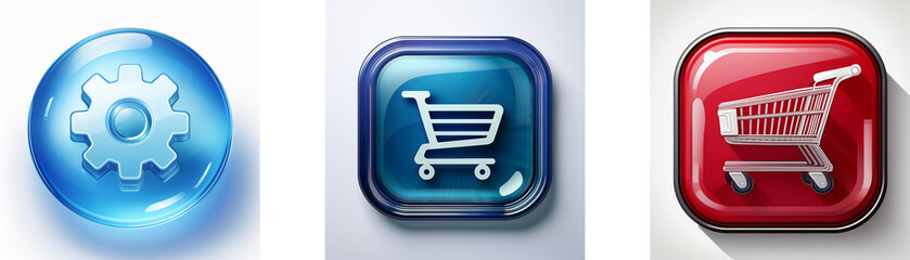 Poster - Three glossy buttons depict settings, shopping cart, and online shopping.  Perfect for app interfaces or websites.