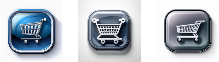Aufkleber - Three glossy buttons display a shopping cart icon, varying in color and style.  The buttons represent online shopping, e-commerce, and digital retail.