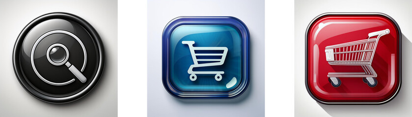 Aufkleber - Three glossy buttons: a magnifying glass, a shopping cart on blue, and a shopping cart on red.  They symbolize search and online shopping.