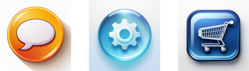 Poster - Three glossy buttons depict communication, settings, and online shopping.  Each icon is a simple, effective visual cue.