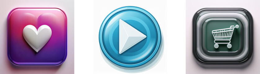 Aufkleber - Three glossy buttons; heart, play, shopping cart.  Simple, colorful icons for digital interface.