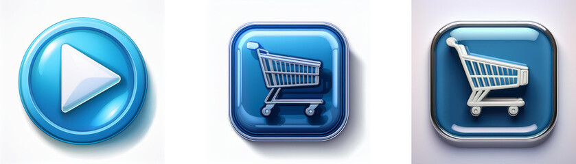Aufkleber - Three glossy blue buttons; one shows a play icon, the others feature shopping carts.  Simple, clean design.