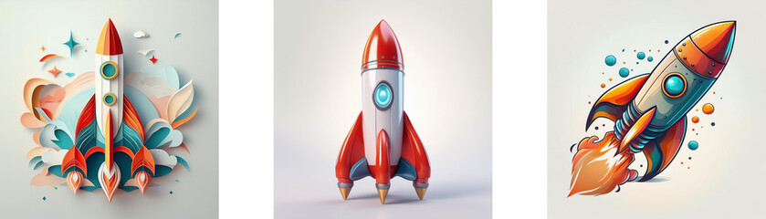 Leinwandbilder - Three stylized rocket illustrations; one in paper art style, one in 3D render, and one in cartoon style.  Each depicts a rocket ready for launch.