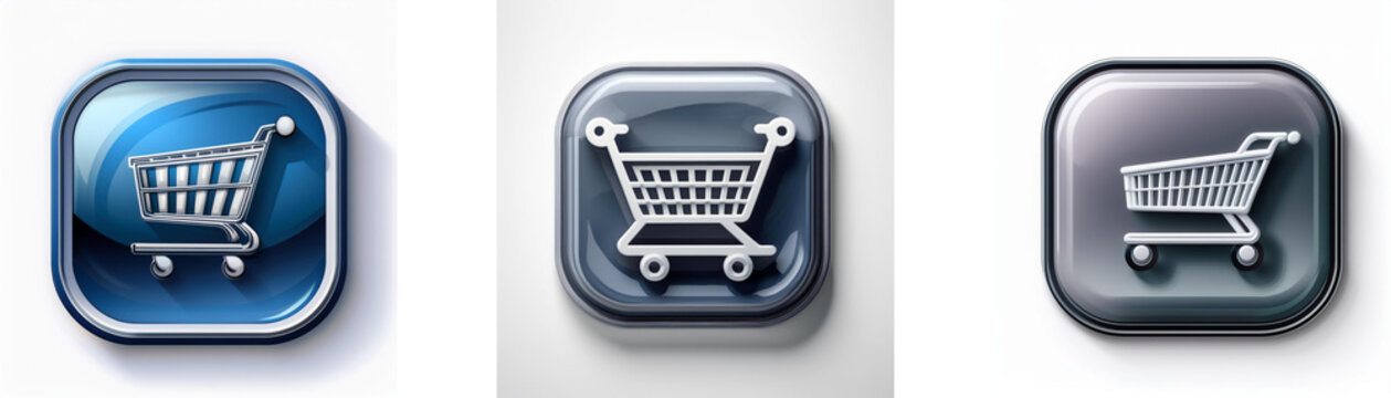 Three glossy buttons display a shopping cart icon, varying in color and style.  The buttons represent online shopping, e-commerce, and digital retail.
