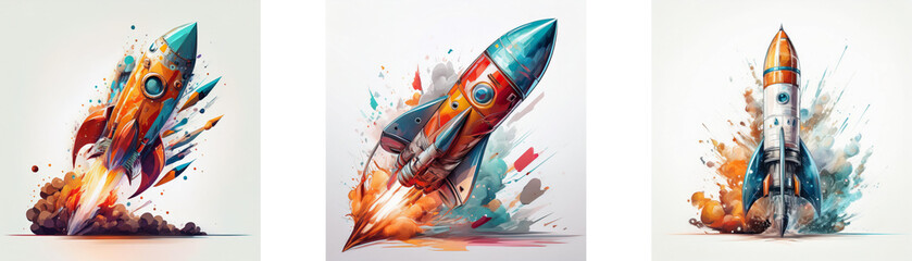 Poster - Triptych of rockets launching, vibrant colors, dynamic paint splashes.  A powerful image symbolizing innovation, speed and progress.