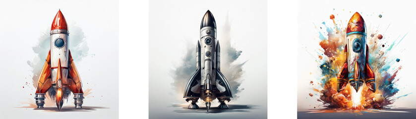 Poster - Three rockets, different styles, ready for launch.  One is mid-flight, creating a colorful explosion.