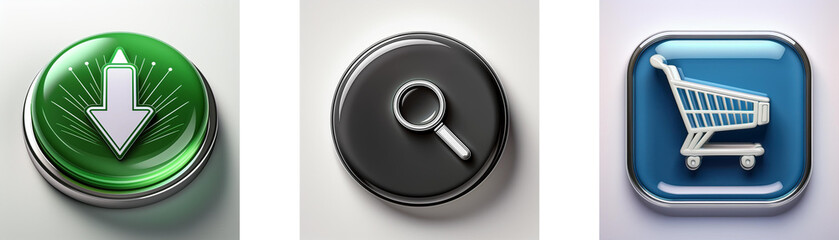 Aufkleber - Three glossy buttons depict download, search, and shopping cart icons.  Modern, simple interface elements.