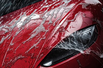 Wall Mural - Red Car Washing, Water Spray, Clean Vehicle Detailing