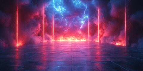 Poster - Futuristic Neon Laser Glow Room with Red Blue Lightning Intense Lighting Modern Design