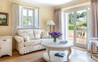 © InteriVio - A Provencal living room with pastel butter yellow walls, a beige floral sofa, whitewashed wooden furniture, and soft pastel lavender curtains