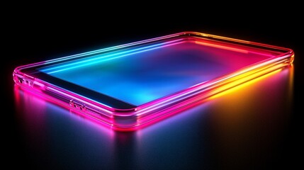 Poster - Neon glowing smartphone on reflective surface.