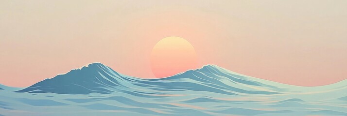 Fototapete - Waves rolling gently towards the shore as the sun sets on the horizon creating a serene twilight atmosphere. Generative AI