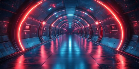Poster - Futuristic Cyberpunk Hallway Neon Lights 3D Space Corridor Sci-Fi Backdrop Commercial Render