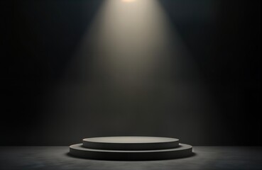 Aufkleber - Empty gray platform under bright spotlight. Dark room. Presentation place. Interior design. Product display. High quality image. Suitable for product placement design. Showcase for presenting