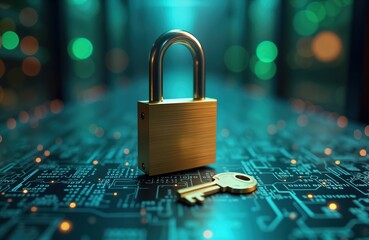 Fototapete - Futuristic tech lock, key image. Digital circuits display tech safety. Cyber security concept. Protect personal data, info from malware. Advanced tech, innovation for digital security. Illustration