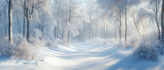 Wall Mural - Sunlit winter forest path, snow drifts, tranquil scene, nature background, winter wonderland