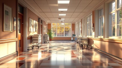 Wall Mural - Sunny hospital corridor, autumn view. Medical carts,  potential use healthcare