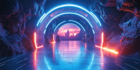 Poster - Futuristic Neon Minimalist Room with Glowing Blue Frame and Ambient Lighting in Cyberpunk Style