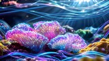 glowing neon coral reef underwater scene - abstract