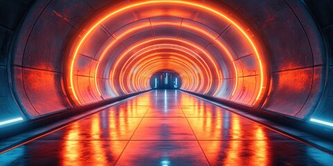 Poster - Futuristic Underground Tunnel Neon Lights Cyberpunk Aesthetic 3D Rendering Glossy Floor Dramatic Shadows