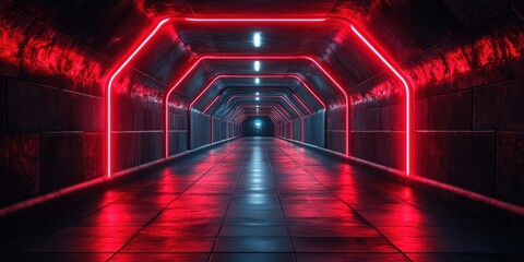 Poster - Futuristic Underground Neon Warehouse Cyber Space Industrial Hangar Showcase 3D Rendering