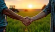 © miss irine - Two farmers shake hands in green field at sunset. Partnership, trust symbolized by gesture. Setting suggests rural countryside scene during harvest time. Cooperation, understanding key in