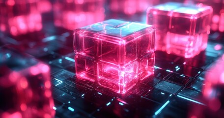 Poster - Futuristic Abstract Geometric Shapes with Neon Lights on Dark Background 3D Render