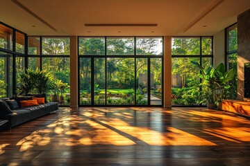 Fototapete - Modern Minimalist Empty Loft Room with Large Window and Forest View