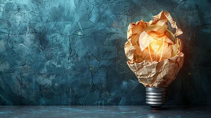 Wall Mural - Illuminated Lightbulb Wrapped In Crumpled Paper Against A Textured Wall