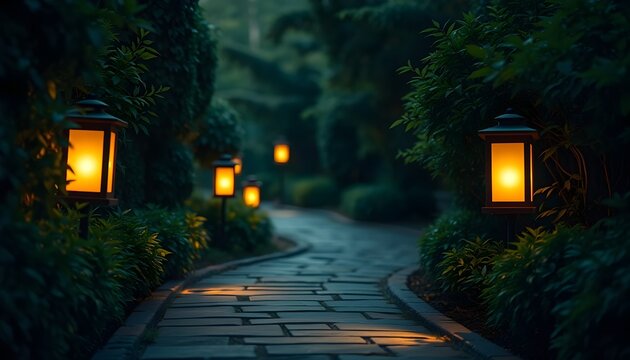 Pathway of Light: Glowing Lanterns Creating a Peaceful Setting