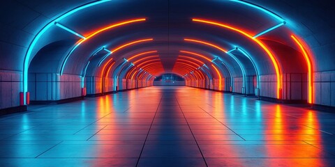 Fototapete - Futuristic Underground Neon Garage Stage Cyberpunk Tunnel Corridor with Vibrant Lights and Grunge Design