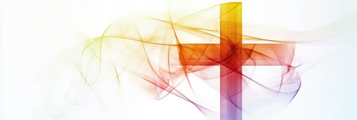 Poster - Colorful abstract cross design with flowing lines depicting a sense of spirituality and reflection in a serene setting. Generative AI