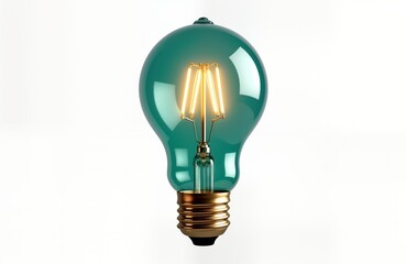 Teal colored light bulb glows brightly on transparent backdrop. Modern tech illumination. Stylish, creative design concept. Futuristic tech home decor. Innovative energy efficient lighting. Artistic,