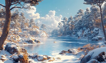 Wall Mural - Winter wonderland serene snowy river, pine forest, sunny sky