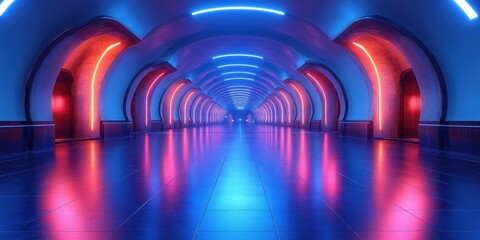 Fototapete - Futuristic Underground Facility Neon Blue Lighting Reflection Minimalistic Cyberpunk Architecture Space