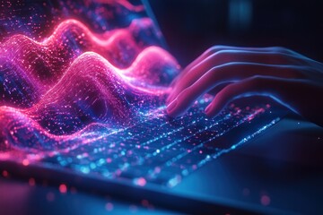 Aufkleber - Futuristic Digital Workspace with AI Technology and Data Visualization in Cyberpunk Style