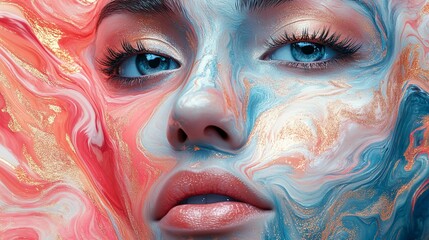 Poster - Woman's face, paint swirls, beauty, artistic, studio, close-up, makeup, abstract, advertisement