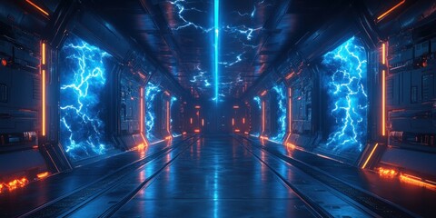 Fototapete - Futuristic Cyberpunk Hallway with Glowing Blue Lightning Bolts High Contrast Moody Atmosphere 3D Rendering