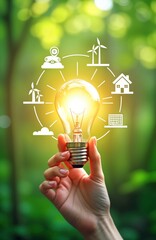 Aufkleber - Eco friendly tech solution concept photo. Hand holds glowing light bulb. Icons of wind power, sustainable energy sources. Green nature background. Innovative eco ideas for future energy systems.