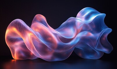 Poster - Futuristic Abstract Sculpture Ethereal Design with Smooth Curves and Glossy Surfaces in Neon Blue and Purple Light